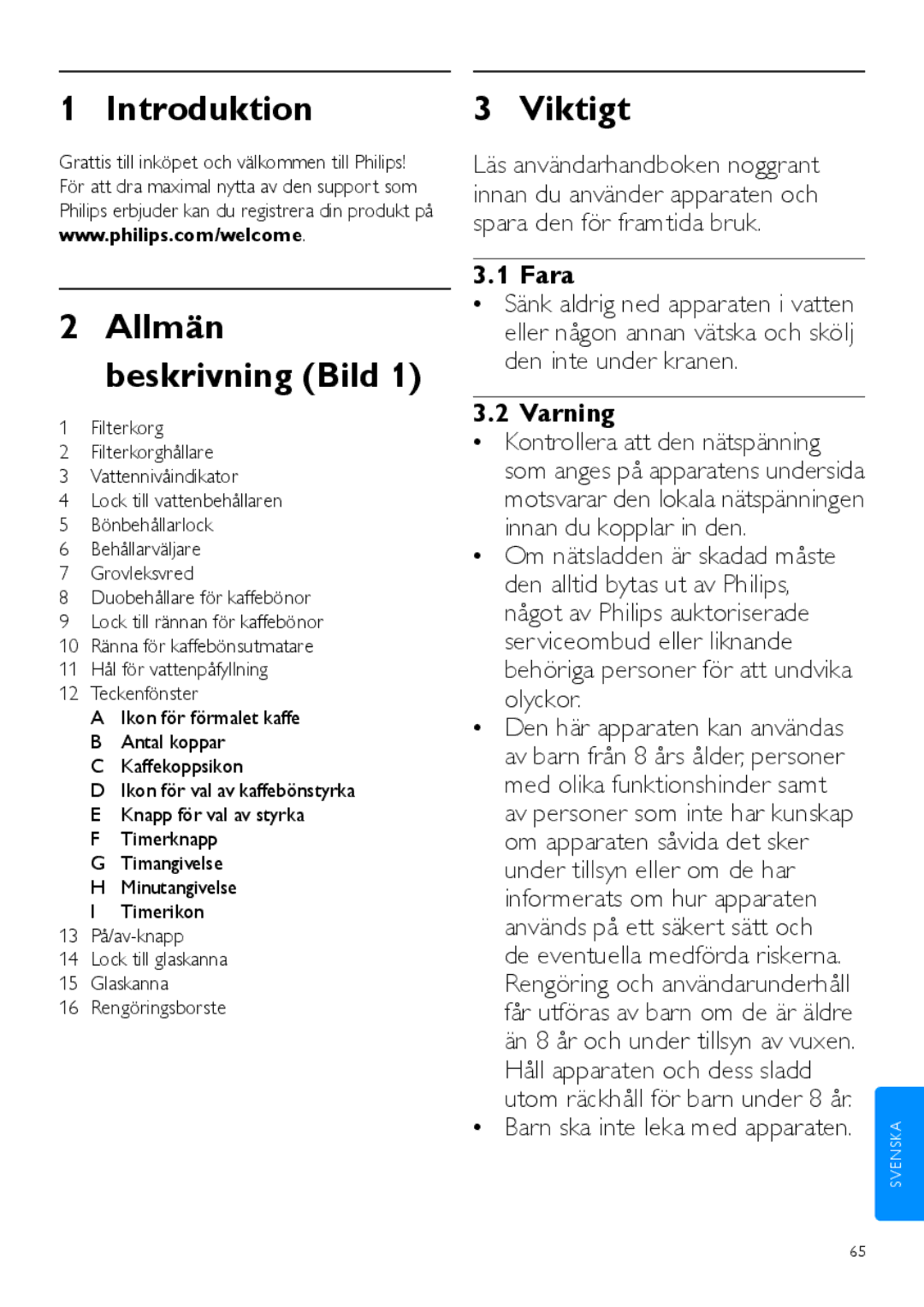 Philips HD7762 user manual Introduktion Allmän Beskrivning Bild 1, Viktigt, Fara, Varning 